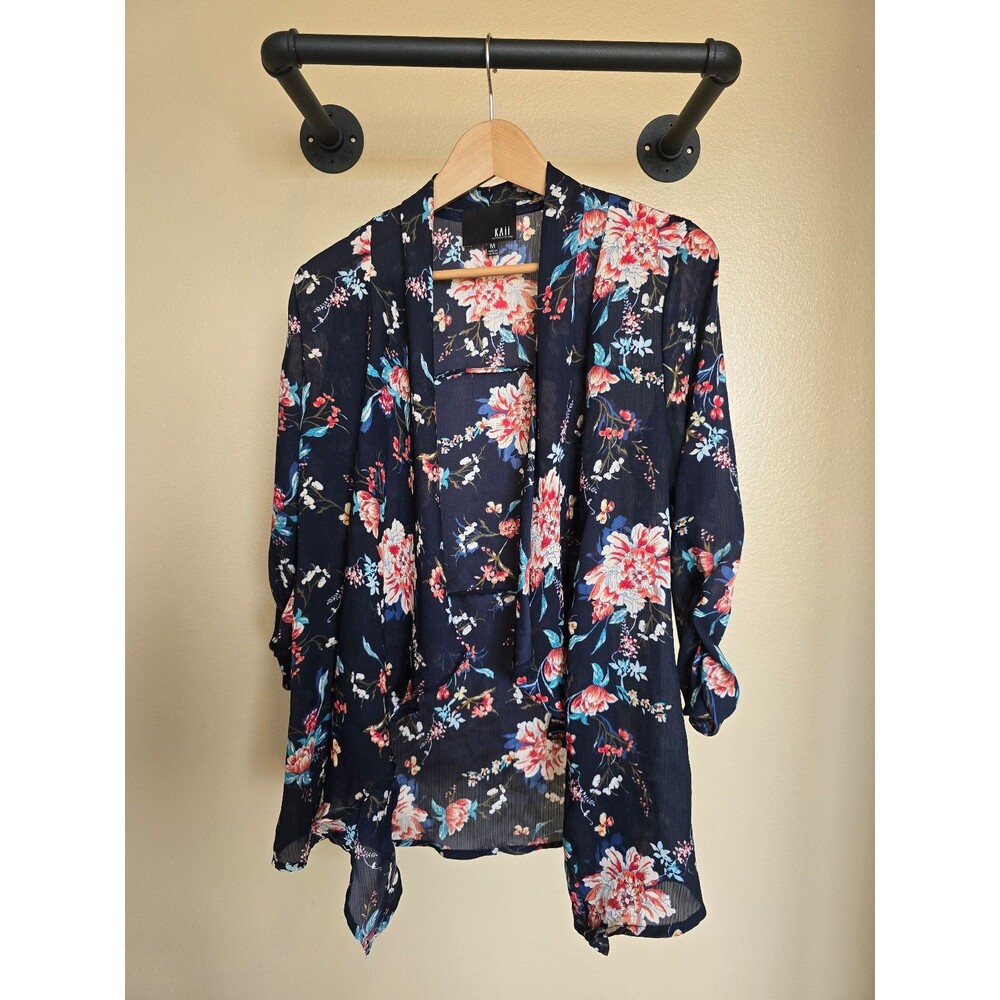 Kaii open Japanese floral ruched sleeve lightweight cardigan women's medium‎